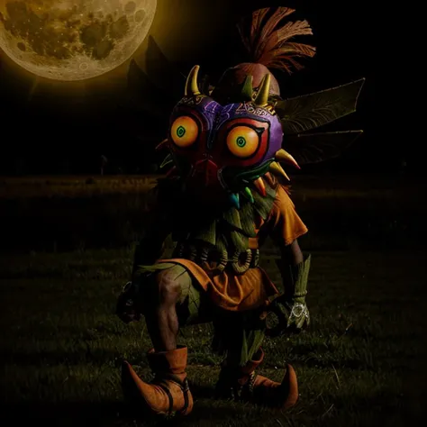 photo of skull kid wearing majoras mask and (dancing:1.2), Majora_Zelda, solo, 1boy, mask, horns, (glowing:1.1), curious (head tilt:1.2), magic, the moon is close, (hyperdetailed analog photograph:1.3), epiCPhoto <lora:Majora_Zelda:0.8> male focus, full body, gloves, no humans, boots, green eyes, belt, spikes, feathers, forest, grass, the legend of zelda majora's mask, hat, tatl, tael, (two fairies:1.15), Skull kid BREAK photo of tatl the (yellow gold fairy:1.2) from the legend of zelda majora's mask BREAK photo of tael the (deep purple fairy:1.1) from the legend of zelda majora's mask <lora:[P]-SkullKid:0.4> BREAK fashion photography, photo of Majora_Zelda, mask, full body, cinematic BREAK the moon is close and large, 32k photo of the angry moon with a creepy face