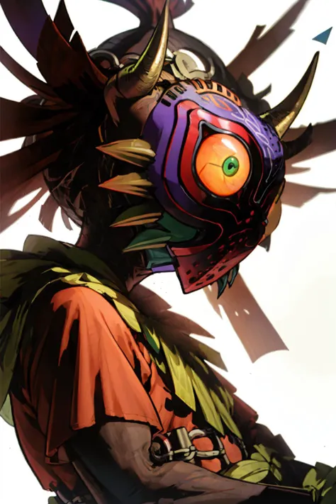 best quality, Mature male, Close-up, <lora:Majora_Zelda:.9> Majora_Zelda, solo, 1boy, mask, horns, glowing,