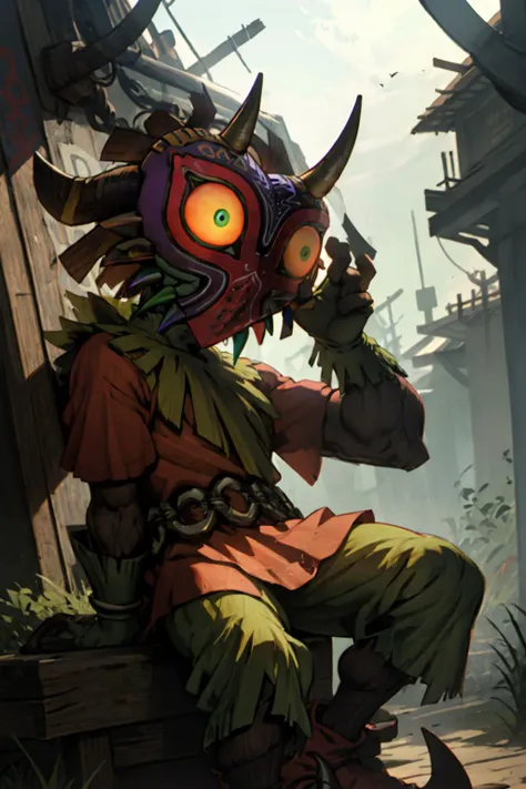best quality, Mature male, propped up on one hand (sitting or standing), <lora:Majora_Zelda:.9> Majora_Zelda, solo, 1boy, mask, horns, glowing,