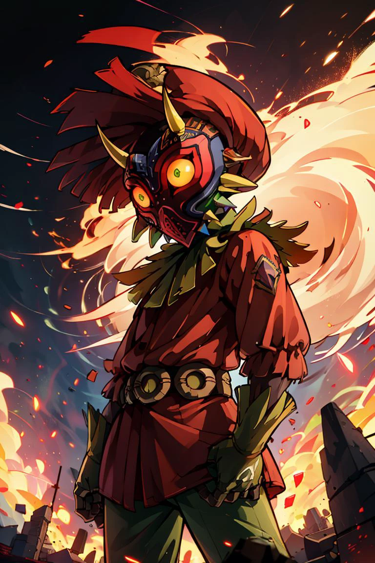 ((masterpiece,best quality)), absurdres,
military uniform, military, soldier, belt, green pants, beret, brown jacket, world war ii, war, military vehicle, battlefield, battle, dust, smoke, burning, fire, red sky, explosion,
<lora:Majora_Zelda:0.8>, Majora_Zelda, solo, 1boy, mask, horns, glowing eyes,
