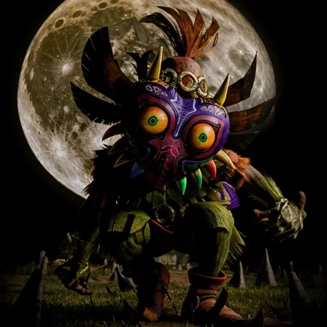 photo of skull kid wearing majoras mask and (dancing:1.2), Majora_Zelda, solo, 1boy, mask, horns, (glowing:1.1), curious (head tilt:1.2), magic, the moon is close, (hyperdetailed analog photograph:1.3), epiCPhoto <lora:Majora_Zelda:0.8> male focus, full body, gloves, no humans, boots, green eyes, belt, spikes, feathers, forest, grass, the legend of zelda majora's mask, hat, tatl, tael, faeries, Skull kid BREAK photo of (tatl the yellow gold fairy:1.2) from the legend of zelda majora's mask BREAK photo of tael the purple fairy from the legend of zelda majora's mask <lora:[P]-SkullKid:0.4> BREAK fashion photography, photo of Majora_Zelda, mask, full body, cinematic BREAK the moon is close, 16k photo of the angry moon with a creepy face,