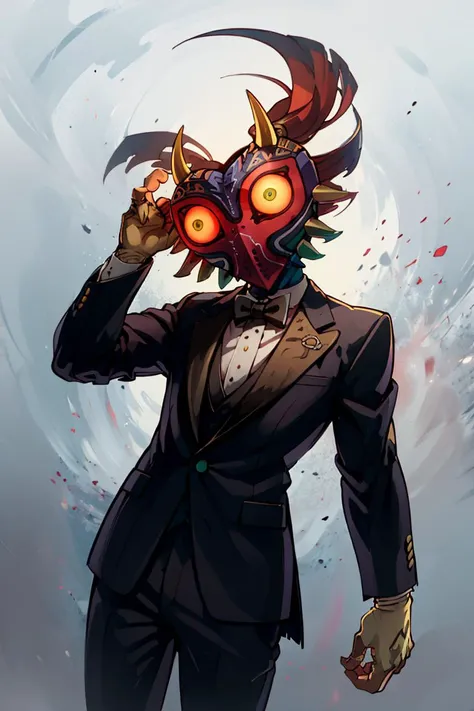 ((masterpiece,best quality)), absurdres, (suit, tuxedo, formal clothes,:1.3)
<lora:Majora_Zelda:0.8>, Majora_Zelda, solo, 1boy, mask, horns, glowing eyes,
dark, horror (theme),
solo, looking at viewer, cowboy shot,