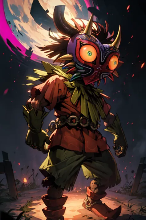 best quality, Mature male, Wide shot, <lora:Majora_Zelda:.9> Majora_Zelda, solo, 1boy, mask, horns, glowing,