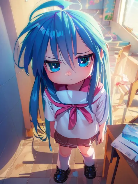 ((((((short, child)))))) (indoors, school, annoyed) (((professionally rendered details, professionally created 3D details, professionally created details, professionally rendered cgi details, picture-perfect))) (((<lora:konata izumi trigger:1> konata izumi)))