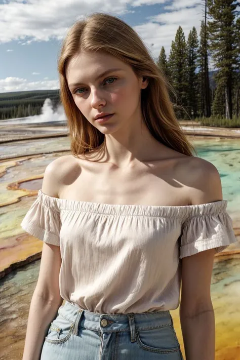 <lora:kawaii7.1.3_obj20:0.75:0.25>, European woman, closeup, sandals, (shirt), pants, (yellowstone), ZM_melissa, wide shoulders, perfect face, (contact iris: 1.1), pale skin, skin pores , depth of field