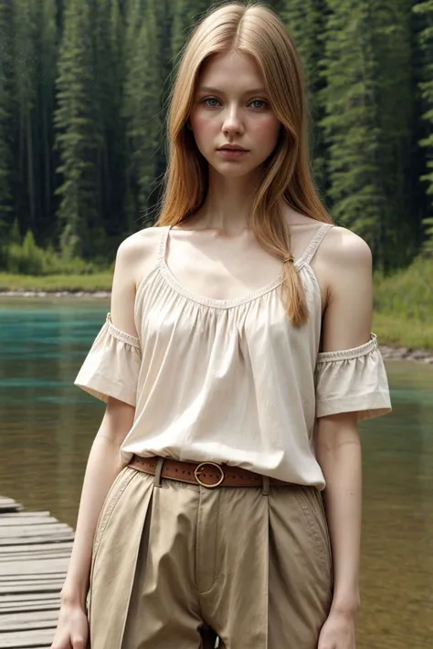 <lora:kawaii7.1.3_obj20:0.75:0.25>, European woman, closeup, sandals, (shirt), pants, (nahanni national park), ZM_melissa, wide shoulders, perfect face, (contact iris: 1.1), pale skin, skin pores , depth of field