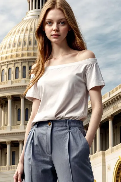 <lora:kawaii7.1.3_obj20:0.75:0.25>, European woman, closeup, sandals, (shirt), pants, (us capitol), ZM_melissa, wide shoulders, perfect face, (contact iris: 1.1), pale skin, skin pores , depth of field