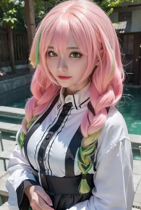 <lora:meenfox:0.7>, 1girl, bangs, blurry, blurry_background, braid, breasts, collared_shirt, big breast, day, gradient_hair, green_eyes, green_hair, haori, jacket, japanese_clothes, kanroji_mitsuri, long_hair, long_sleeves, looking_at_viewer, mole, mole_under_eye, multicolored_hair, outdoors, pink_hair, plant, shirt, solo, water, white_shirt,