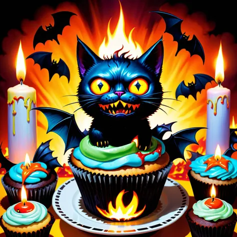 Cryptic Pop Surrealism Black Cat Haunted Hotel Eyeball Cupcakes Zombie Appliance Joker's Smile Fiery Torchlight Bats in Flight Lighting Candles