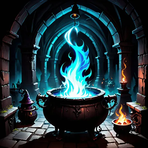 Shadowy Dungeon, Whispering, Cauldrons, Witch's Cauldron, Cursed Torchlight, Gothic Architecture