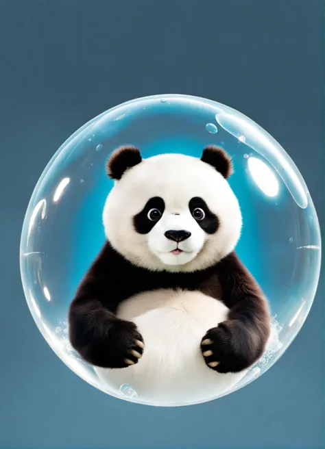 party animals style,a panda floating inside a huge bubble,<lora:PartyAnimals_1.0:0.7>