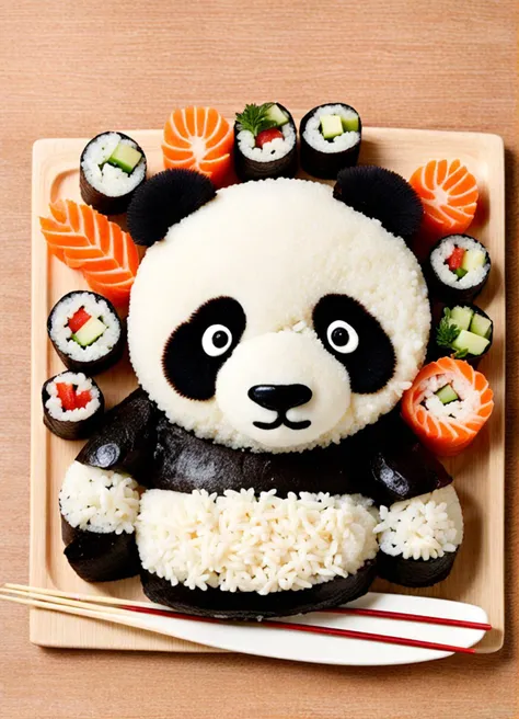 a close up of a plate of food with a panda bear made of rice