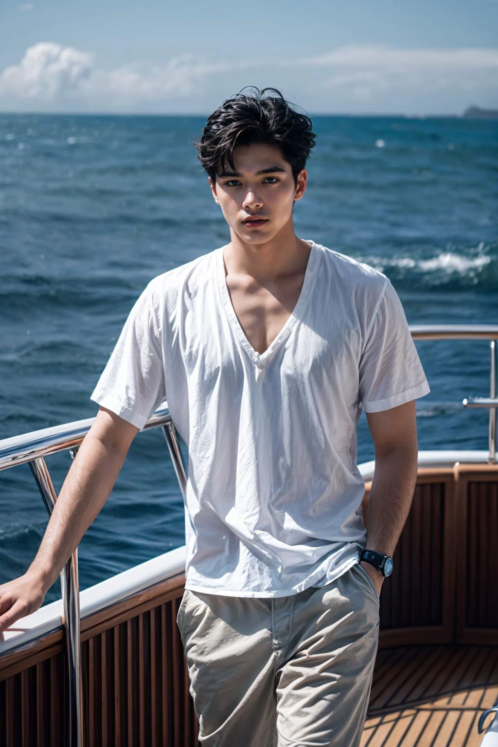On the expansive deck of a luxurious sailing yacht, half body, portrait of a 22-year-old, the epitome of affluence, stands alone, his gaze fixed on the endless blue horizon. Raised in a world where opulence is the norm, this deck has been his playground, a place where heâs learned the ropes of both sailing and life. Surrounded by the vastness of the ocean, he embodies the carefree yet calculated demeanor of those born into wealth. His solitude on the deck speaks volumes about the life of an attractive rich kid â a life filled with privilege yet marked by moments of introspective solitude, where the immensity of the sea meets the grandeur of his upbringing.
<lora:add_detail:1>,