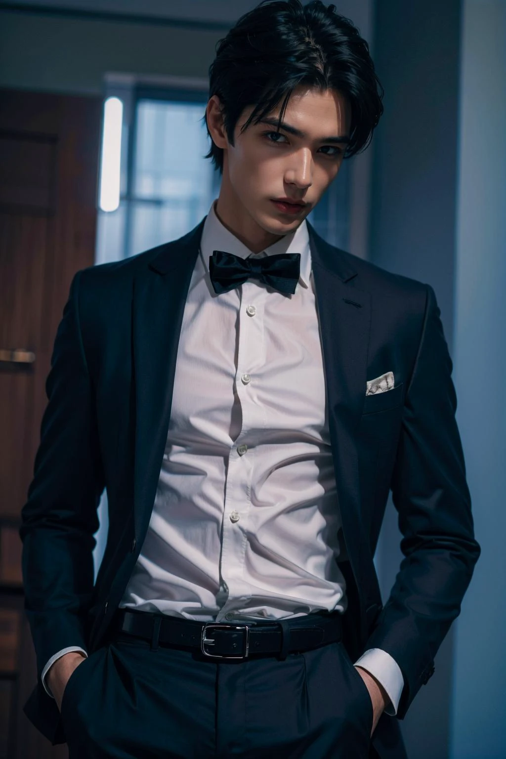 Best quality,masterpiece,ultra high res,photorealistic:1.4,1boy,light and shadow,1boy,male focus,solo,formal,black hair,bowtie,bow,shirt,suit,belt,pants,black pants,black suit,white shirt,indoors,short hair,hand in own hair,jacket,black bow,black bowtie,long sleeves,black belt,collared shirt,cowboy shot