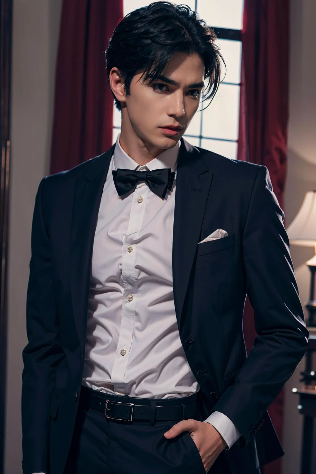 Best quality,masterpiece,ultra high res,photorealistic:1.4,1boy,light and shadow,1boy,male focus,solo,formal,black hair,bowtie,bow,shirt,suit,belt,pants,black pants,black suit,white shirt,indoors,short hair,hand in own hair,jacket,black bow,black bowtie,long sleeves,black belt,collared shirt,cowboy shot