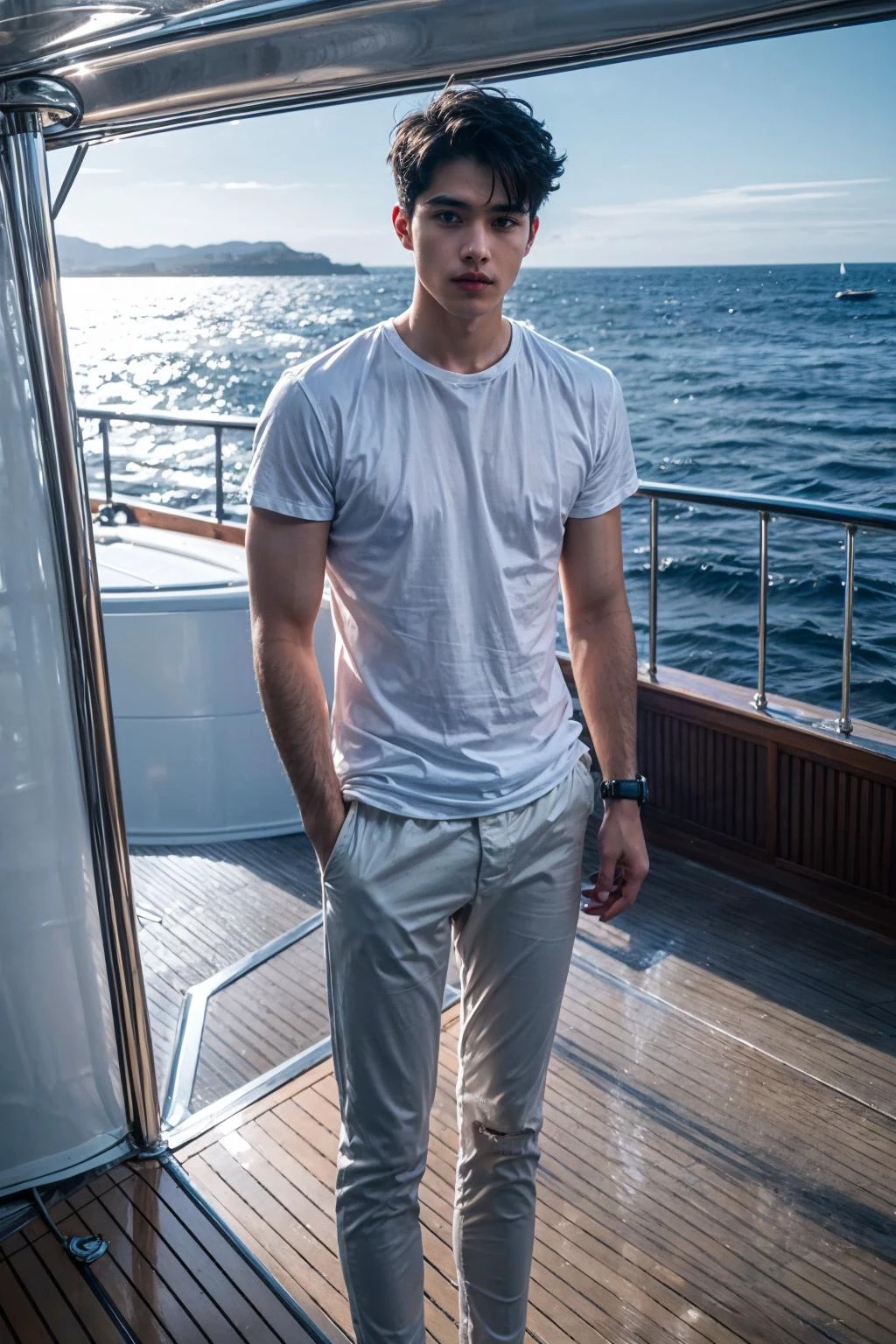 On the expansive deck of a luxurious sailing yacht, half body, portrait of a 22-year-old, the epitome of affluence, stands alone, his gaze fixed on the endless blue horizon. Raised in a world where opulence is the norm, this deck has been his playground, a place where heâs learned the ropes of both sailing and life. Surrounded by the vastness of the ocean, he embodies the carefree yet calculated demeanor of those born into wealth. His solitude on the deck speaks volumes about the life of an attractive rich kid â a life filled with privilege yet marked by moments of introspective solitude, where the immensity of the sea meets the grandeur of his upbringing.
<lora:add_detail:1>,