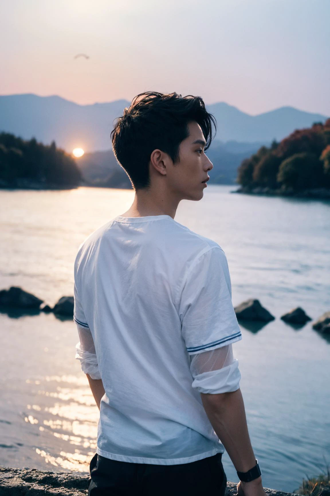 closeup portrait, (1man:1.5), very short hairs, Asian, In the gentle embrace of the golden sunset, a striking redhead stands confidently in his underwear by the serene waters of the lake adjacent to his parents' lakehouse. The soft fabric hugs his form, emphasizing the contrast between his fiery hair and the pale hue of his skin. The setting sun casts a luminous glow on him, making him like stars against the evening sky. Around him, autumn leaves rustle, adding an intimate soundtrack to this personal moment. As he gazes across the water, there's a sense of vulnerability and freedom, an ode to nature's beauty and his own., <lora:YFilter_PortraitEnhance_V1:0.3>,