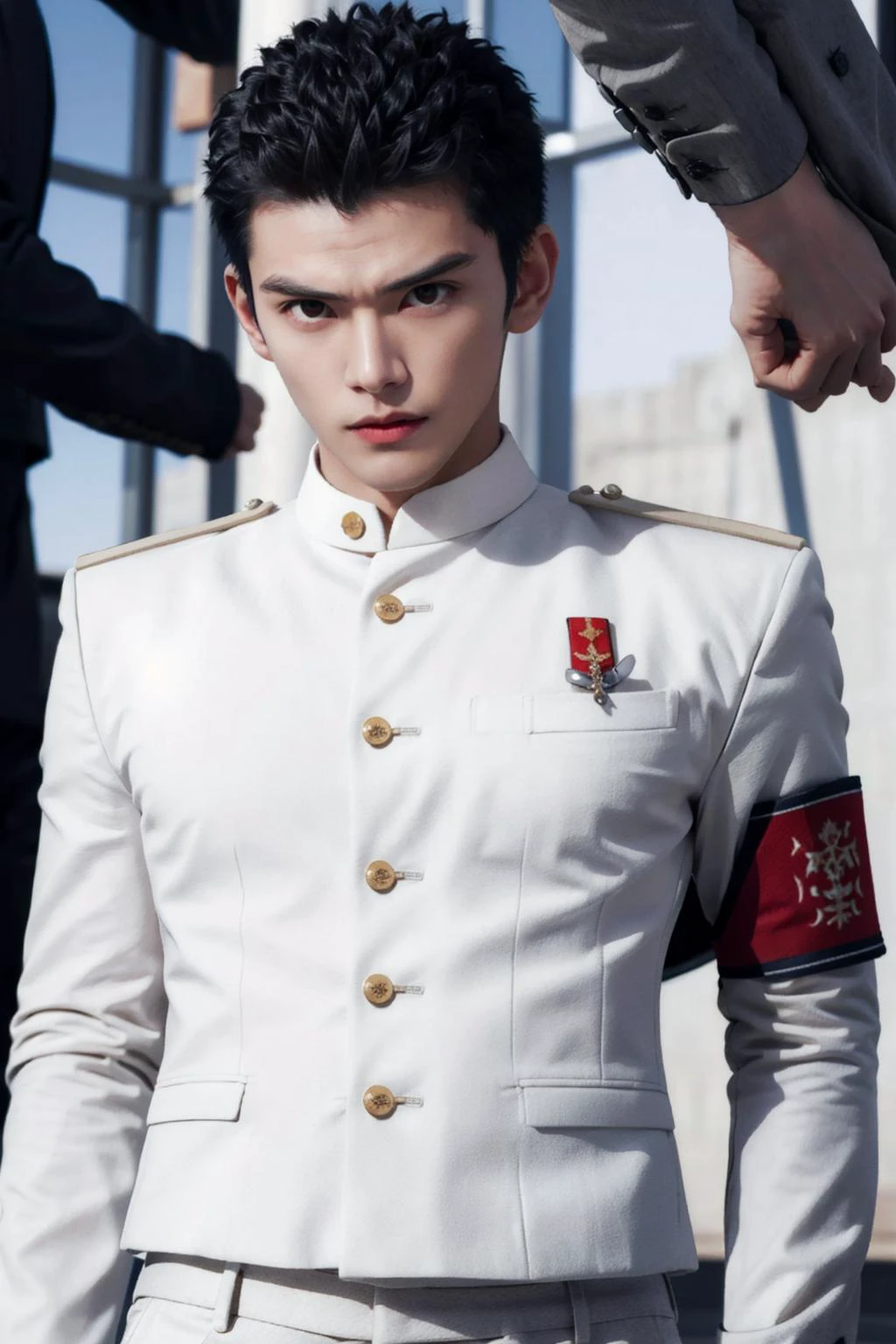 ultra high res,photorealistic:1.4,(ishimaru kiyotaka:0.9),1boy,thick eyebrows,red eyes,((very short hair)),handsome,(machoke:1.2),white jacket,white_pants,long sleeves,armband,standing,arms_behind_back,(looking at the camera:1.1),((closeup portrait:1.2)),sunlight,<lora:IshimaruB2:0.6>,
