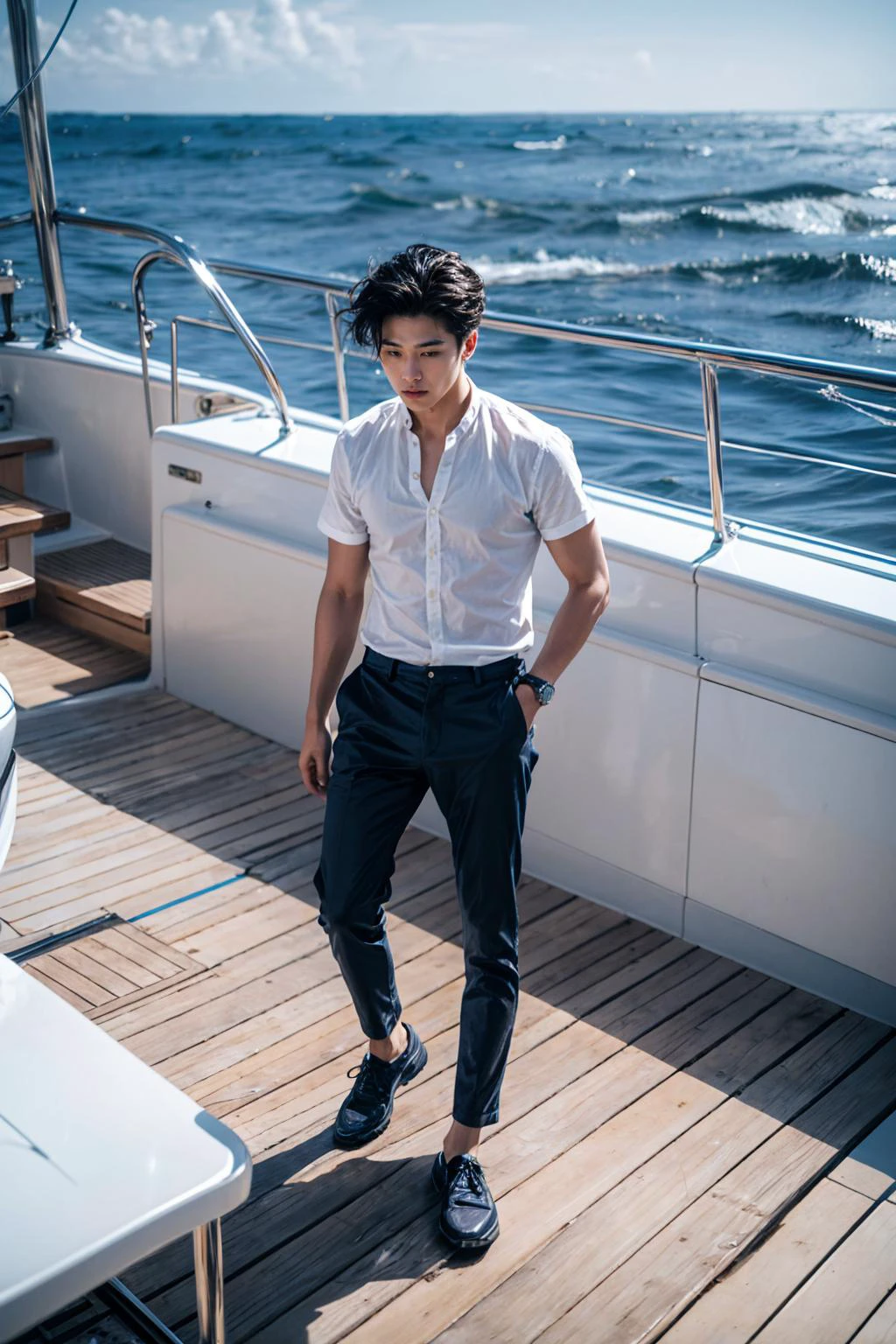 On the expansive deck of a luxurious sailing yacht, a 22-year-old, the epitome of affluence, stands alone, his gaze fixed on the endless blue horizon. Raised in a world where opulence is the norm, this deck has been his playground, a place where heâs learned the ropes of both sailing and life. Surrounded by the vastness of the ocean, he embodies the carefree yet calculated demeanor of those born into wealth. His solitude on the deck speaks volumes about the life of an attractive rich kid â a life filled with privilege yet marked by moments of introspective solitude, where the immensity of the sea meets the grandeur of his upbringing.
<lora:add_detail:1>,