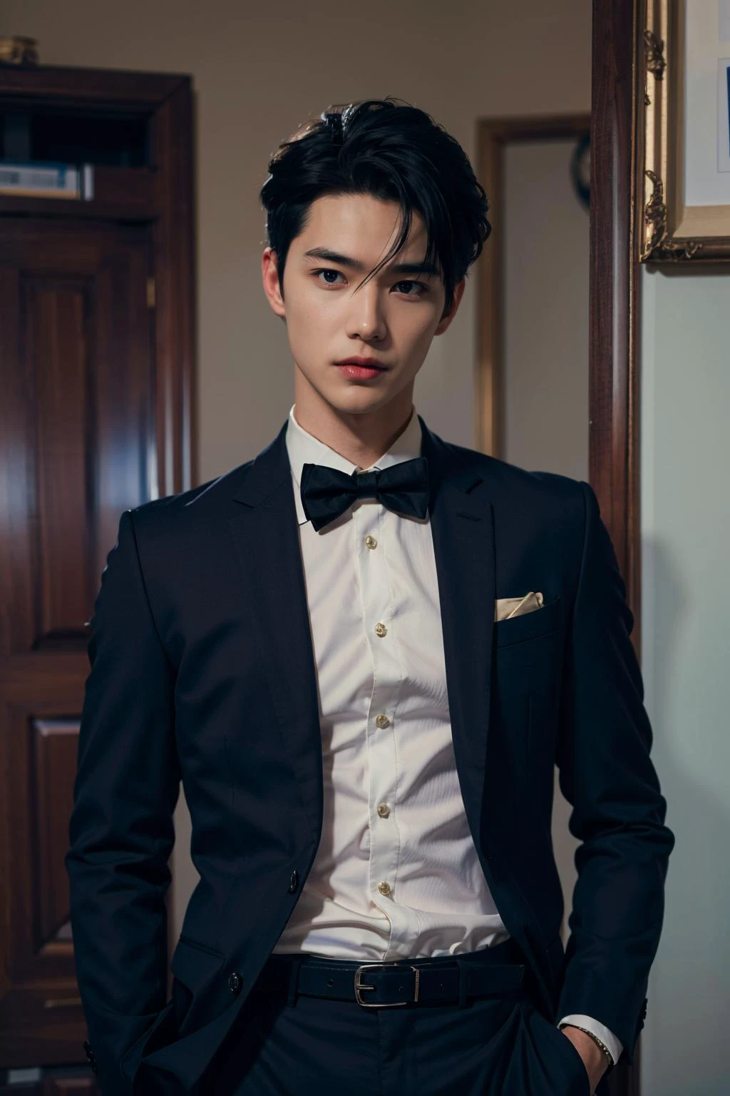 Best quality,masterpiece,ultra high res,photorealistic:1.4,1boy,light and shadow,1boy,male focus,solo,formal,black hair,bowtie,bow,shirt,suit,belt,pants,black pants,black suit,white shirt,indoors,short hair,hand in own hair,jacket,black bow,black bowtie,long sleeves,black belt,collared shirt,cowboy shot