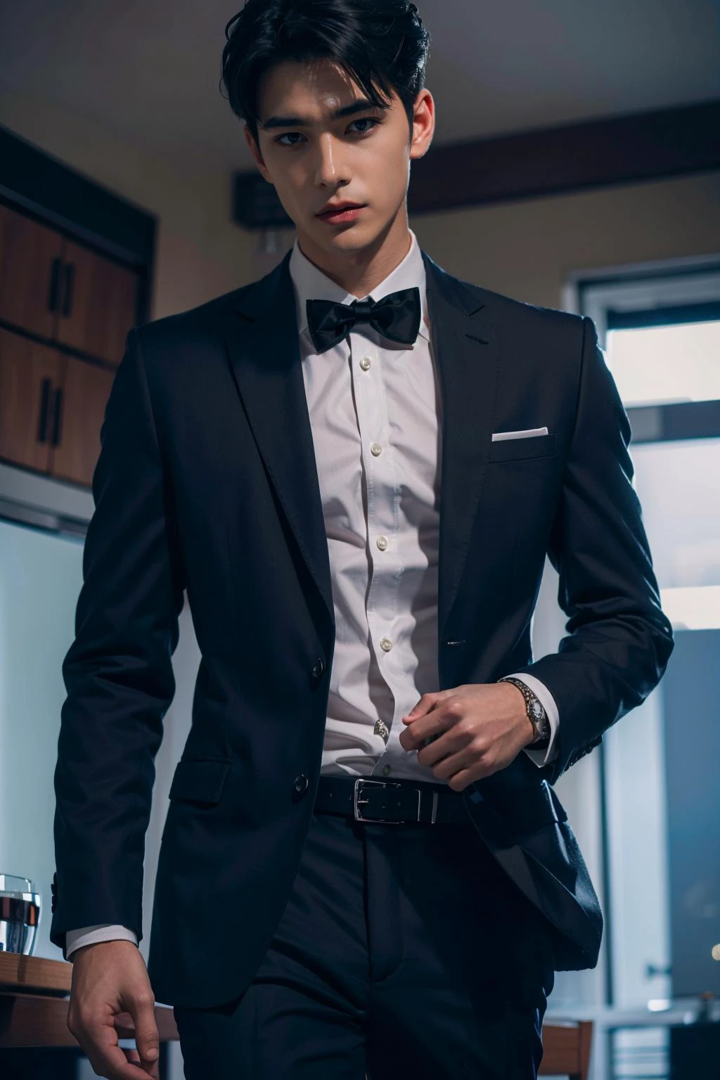 Best quality,masterpiece,ultra high res,photorealistic:1.4,1boy,light and shadow,1boy,male focus,solo,formal,black hair,bowtie,bow,shirt,suit,belt,pants,black pants,black suit,white shirt,indoors,short hair,hand in own hair,jacket,black bow,black bowtie,long sleeves,black belt,collared shirt,cowboy shot