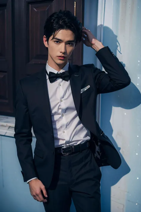 Best quality,masterpiece,ultra high res,photorealistic:1.4,1boy,light and shadow,1boy,male focus,solo,formal,black hair,bowtie,bow,shirt,suit,belt,pants,black pants,black suit,white shirt,short hair,hand in own hair,jacket,black bow,black bowtie,long sleeves,black belt,collared shirt,