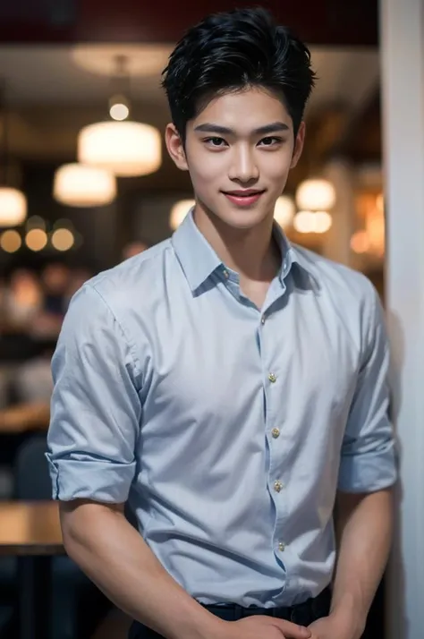 (1man), Asian, young (male:1.5), grey eyes, slender eyes, smile, (((boy in very short hair:1.3))), under_cut, Pompadour, ((formal)), ((handsome, sharp, wild facial features)), (robust muscular body), (robust physique), bokeh, in restaurant