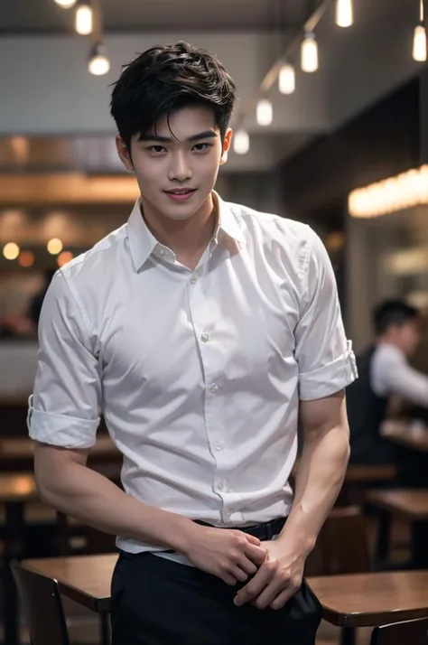 (1man), Asian, young (male:1.5), grey eyes, slender eyes, smile, (((boy in very short hair:1.3))), under_cut, Pompadour, ((formal)), ((handsome, sharp, wild facial features)), (robust muscular body), (robust physique), in restaurant, peoples in the background