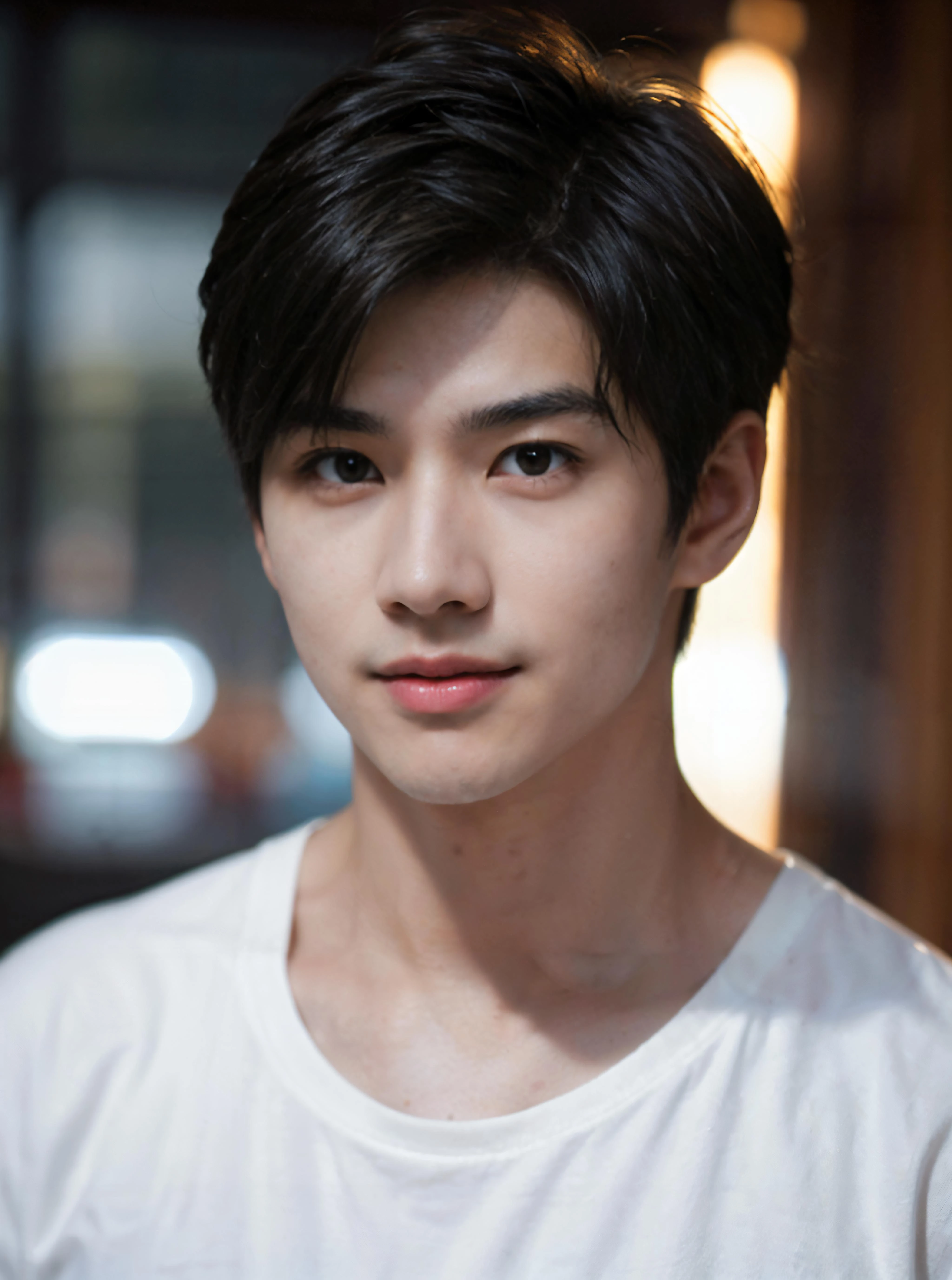 Raw photo, portrait of an Asian man, Asian, young (male:1.5), grey eyes, slender eyes, detailed eyes, smile, (((boy in very short hair:1.3))), under_cut, Pompadour, skinny T-shirt, ((handsome, sharp, wild facial features)), (robust muscular body), (robust physique), (high detailed skin:1.2), 8k uhd, dslr, soft lighting, high quality, firm grain, Fujiflim XT3, bokeh
<lora:detailed_eye:0.2>, <lora:polyhedron_skinny_all:0.6>