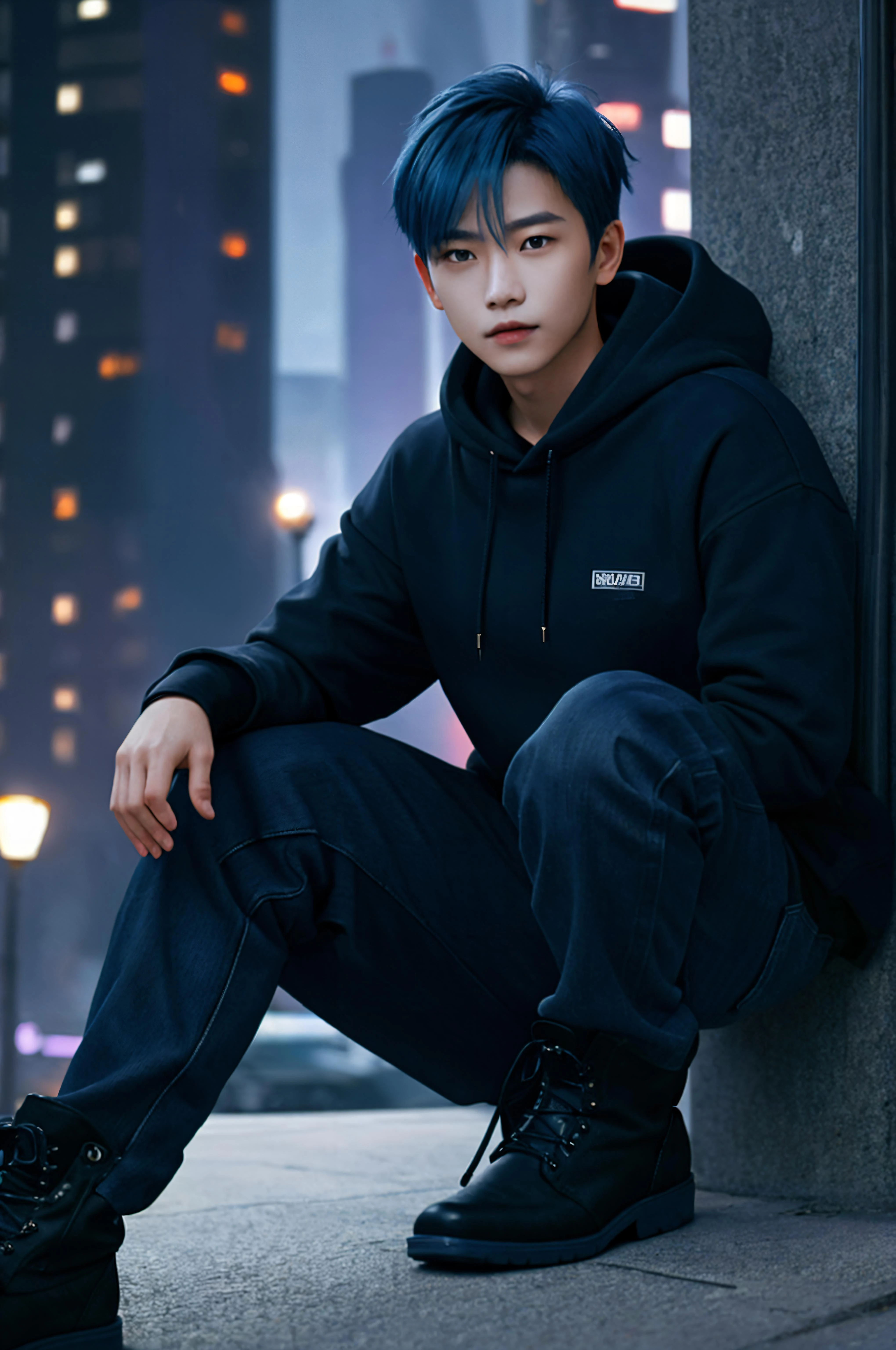 masterpiece, best quality, day, cityscape, realistic, portrait, 1man, asian, solo, short hair, blue hair, smirk, purple eyes, eyes visible through hair, detailed face, hoodie, boots, half gloves, looking down,