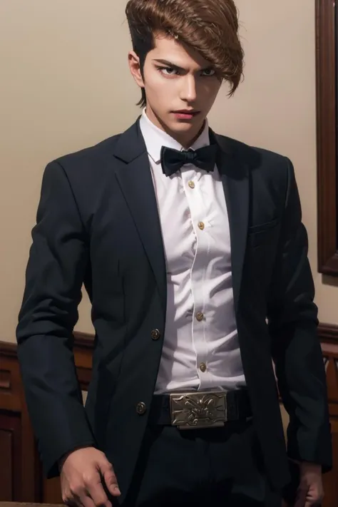 Best quality,masterpiece,ultra high res,photorealistic:1.4,1boy,light and shadow,1boy,male focus,solo,formal,black hair,bowtie,bow,shirt,suit,belt,pants,black pants,black suit,white shirt,indoors,short hair,jacket,black bow,black bowtie,long sleeves,black belt,collared shirt,cowboy shot,<lora:OwadaA:0.45>,