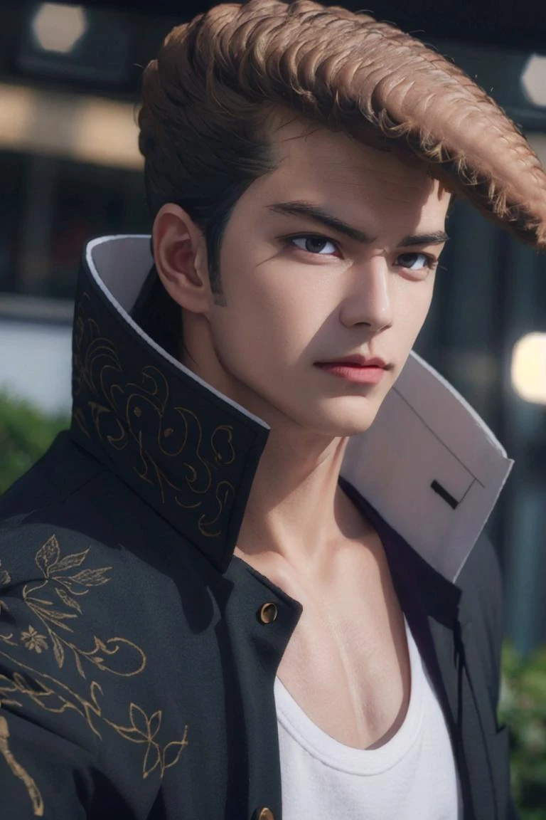 photo of beautiful (n4t3mm:0.99),owada mondo,1boy,(pompadour),brown hair,purple eyes,handsome,(machoke:1.2),black gakuran,white shirts,open jacket,muscular,black pants,(masterpiece:1.2) (photorealistic:1.2) (bokeh) (best quality) (detailed skin:1.2) (intricate details) (nighttime) (8k) (HDR) (cinematic lighting) (sharp focus),(looking at the camera:1.1),((closeup portrait:1.2)),colorful outfit,<lora:OwadaA:0.55>,