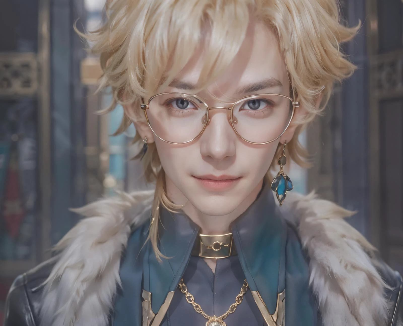 aventhsr, looking at viewer, smile, blonde hair, shirt, jewelry, upper body, coat, fur trim, neck tattoo, single earring, <lora:Avent-10_kengkador:0.75>, simple background, glasses