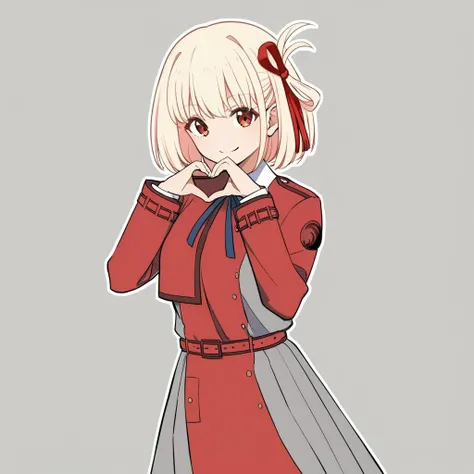 <lora:ly4dim:1>,1girl, nishikigi chisato, solo, heart hands, hands up, smile, lycoris uniform, two-tone dress, red dress, grey dress, pleated dress, white background, looking at viewer, blue ribbon, simple background, neck ribbon, long sleeves, red belt, closed mouth, collared shirt, white shirt, blue bow