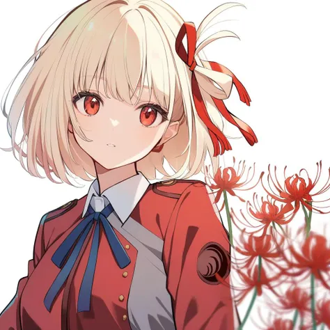 <lora:ly4dim:1>,1girl, nishikigi chisato, solo, upper body, holding flower, spider lily, lycoris uniform, white background, two-tone dress, blue ribbon, looking at viewer, simple background, neck ribbon, red flower, long sleeves, collared shirt, white shirt, red dress, grey dress