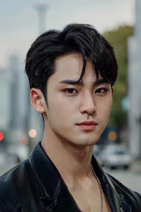 mingyu, portrait,muscular, (absurdres, highres, ultra detailed),((masterpiece)), ((best quality:1.1)), High Resolution, 8k,1boy, best quality, masterpiece, (photorealistic:1.4), 8k raw photo, 4k, high quality, masterpiece, best quality, highres,  dynamic poses, realistic, detailed skin, mature male, high contrast, OverallDetail , slick back hair, show<lora:mingyu:1>