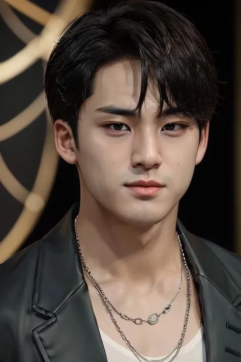 mingyu, portrait,muscular, (absurdres, highres, ultra detailed),((masterpiece)), ((best quality:1.1)), High Resolution, 8k,1boy, best quality, masterpiece, (photorealistic:1.4), 8k raw photo, 4k, high quality, masterpiece, best quality, highres, dynamic poses, realistic, detailed skin, mature male, high contrast, OverallDetail , necklace, mesh shirt <lora:mingyu-10:1>