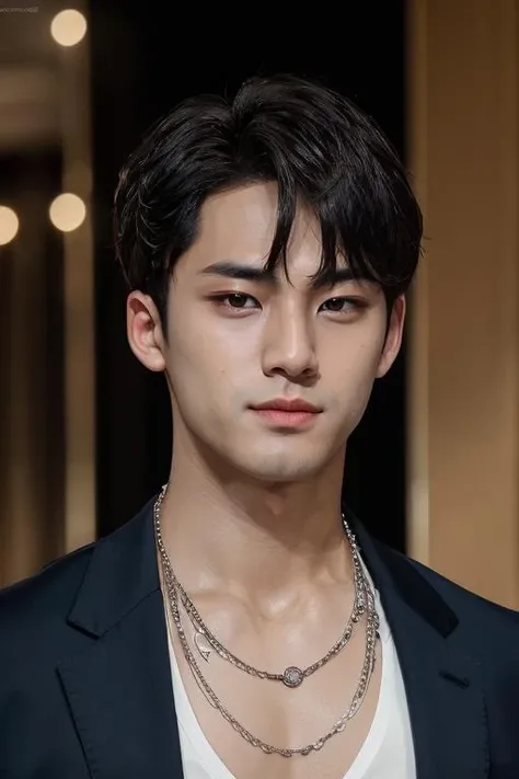 mingyu, mesh shirt, portrait,muscular, (absurdres, highres, ultra detailed),((masterpiece)), ((best quality:1.1)), High Resolution, 8k,1boy, best quality, masterpiece, (photorealistic:1.4), 8k raw photo, 4k, high quality, masterpiece, best quality, highres, dynamic poses, realistic, detailed skin, mature male, high contrast, OverallDetail , necklace, nipple <lora:mingyu-10:0.9>