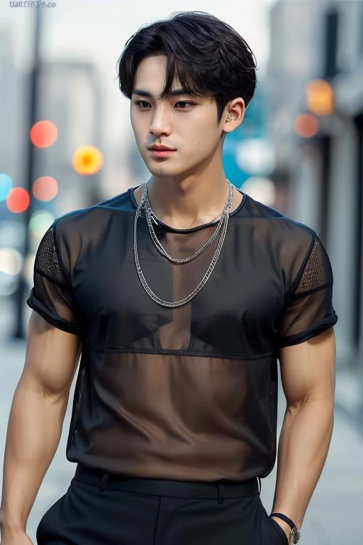 mingyu, mesh shirt, portrait,muscular, (absurdres, highres, ultra detailed),((masterpiece)), ((best quality:1.1)), High Resolution, 8k,1boy, best quality, masterpiece, (photorealistic:1.4), 8k raw photo, 4k, high quality, masterpiece, best quality, highres, dynamic poses, realistic, detailed skin, mature male, high contrast, OverallDetail , necklace, nipple <lora:mingyu-10:0.9>