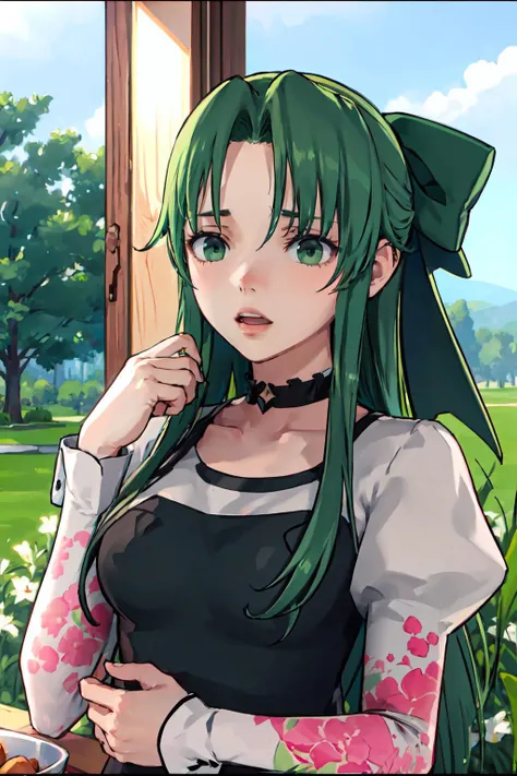 <lora:yandere_style:1> yandere_style,  <lora:RtPL-Fia:0.9> Fia_(riviera), green eyes, green dress, very long hair, long hair, bow, dress, frills, frilled dress, long sleeves, puffy sleeves,  <lora:okawaii koto pose by Goofy Ai:0.85> okawaiikoto pose, hand up, parted lips, empty eyes, looking down, portrait, looking at viewer, open mouth, upper body,, ultra detailed, masterpiece, best quality, aesthetic, detailed,