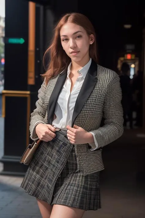 Merger_red_annira,
(walking down Hollywood boulevard, a busy street scene, public, bustling, crowds, wearing a skirt and blazer:1.2),
bokeh, f1.4, 40mm, photorealistic, raw, 8k, textured skin, skin pores, intricate details  <lora:epi_noiseoffset2:1>, epiCRealism <lora:ClothingAdjuster3:-1>