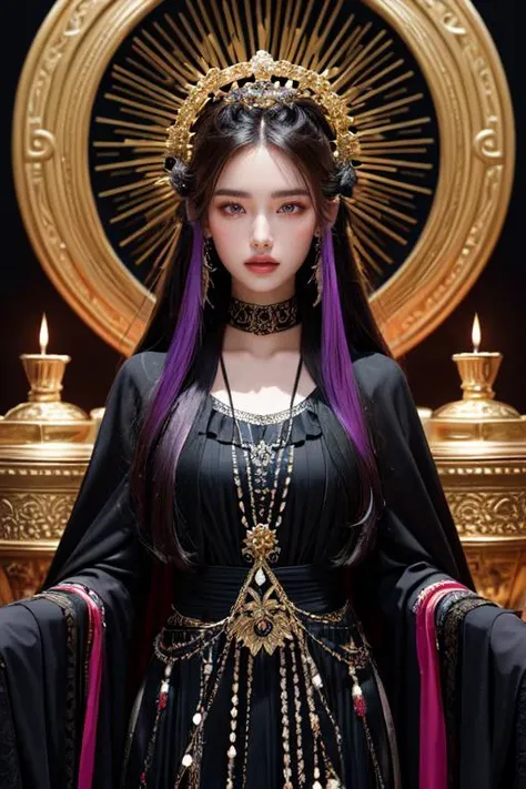 (otherworldly), highly insanely detailed, masterpiece, top quality, best quality, highres, 4k, 8k, RAW photo, (very aesthetic, beautiful and aesthetic), (Nenia, Goddess of funerary lament. She is invoked during funeral rites and mourning ceremonies. Nenia is often depicted in mourning attire with symbols of grief.),
1girl, solo,
Tower13_Gizelle,
a beautiful elvish girl,
dark_skin, tan_skin, tanned skin, dark skin, dark-skinned, black-skinned, bronze skin,
(soft purple hair,split-color hair,dual-toned hair,two-tone hair),
a colorful background,neon color,solid color,solid color background,multicolored background, (fantasy world)âââ
