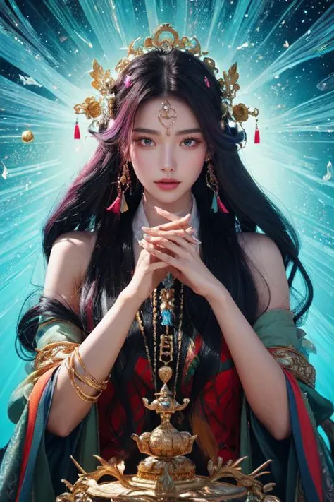 (otherworldly), highly insanely detailed, masterpiece, top quality, best quality, highres, 4k, 8k, RAW photo, (very aesthetic, beautiful and aesthetic), (Felicitas, Goddess of good fortune, happiness, and success. She is often depicted with a caduceus and a cornucopia, symbolizing prosperity. Felicitas represents the well-being of the state and individuals.), 
1girl, solo, 
Tower13_Gizelle, 
a beautiful elvish girl, 
dark_skin, tan_skin, tanned skin, dark skin, dark-skinned, black-skinned, bronze skin, 
(salt and pepper hair,multi_color_hair,multicolored hair,multi colored hair), 
pure blue background,transparent background, (fantasy world)âââ