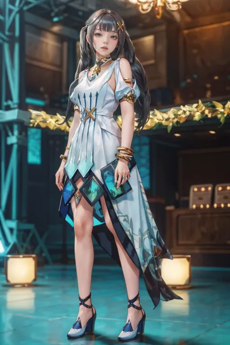 8K,highres,absurdres,masterpiece,best quality,original,extremely detailed CG,extremely detailed wallpaper,perfect lighting,<lyco:GoodHands-beta2:1>,1girl,blurry_background,looking_at_viewer,standing,
<lora:fls-v100:0.6>,fls,def clothe,dress,jewelry,bracelet,twintails,long hair,hair ornament,bangs,