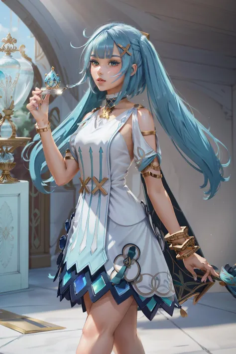 dress <lora:fls-v100:0.7> fls,def clothe,blue hair,jewelry,bracelet,twintails,long hair,hair ornament,bangs,brown eyes, (((masterpiece))), (((best quality))), (((illustration))), (((finely detail))), ((extremely detailed cg unity 8k wallpaper, highres)), (beautiful detailed face and eyes and hair:1.1), (an extremely delicate and beautiful girl:1.2), ultra-detailed, ultra high res, high quality, 4K, extreamly delicate and beautiful, full_body, standing, in full growth, hourglass waist