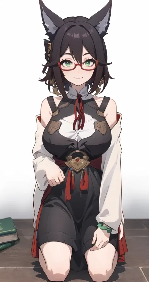 <lora:Katereaxck:0.7>,Smiling,(Twirling with one hand on the hip),(winter background_:1.3),(jerkin:1.2),1girl,solo,breasts,glasses,large breasts,blue eyes,brown hair,long hair,single hair bun,mature female,hair bun,mini hat,braid,eyewear,dark-skinned female,