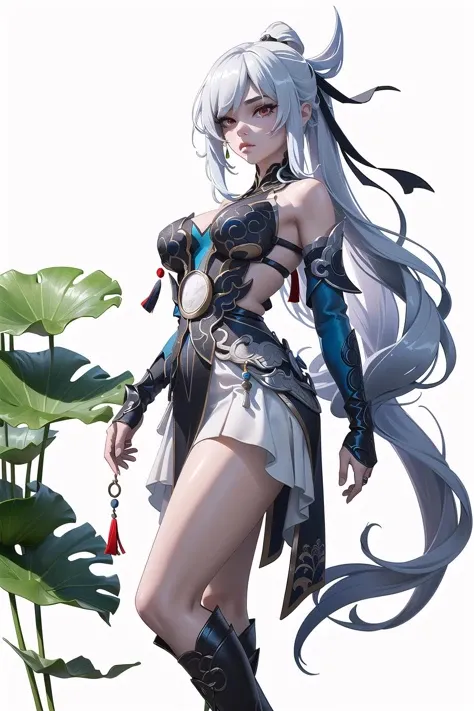 8k, best quality, masterpiece, (ultra-detailed:1.1), (high detailed skin), 
masterpiece, Ancient Chinese beauty on stone, wearing ancient Chinese clothing, flowing tulle, light silk, lazy pose, large lotus leaves, lotus flowers, ink painting style, clean colors, decisive cutting, white space, freehand, masterpiece, super detailed, epic composition, high quality, 
<lora:jingliu-v100-000016:0.8:lbw=char>, jingliu, silver hair, elbow gloves, long hair, red eyes, boots, bare shoulders, dress, hair ribbon, 
<lora:EnvyBetterHands LoCon_beta2 è¾å©:0.65>, (good hands,nice hands:0.6), 
(beautiful_face), ((intricate_detail)), clear face, 
((finely_detailed)), fine_fabric_emphasis, 
((glossy)), full_shot,