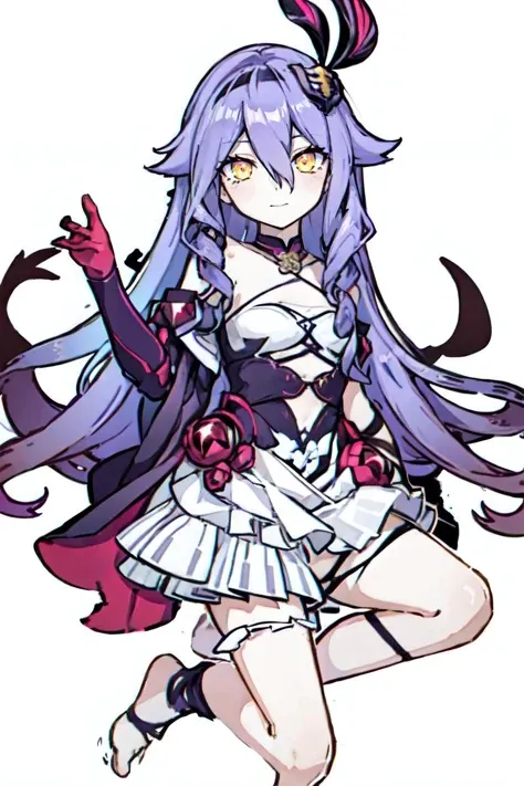 (((Best Quality))) , ((full body)), female, reference sheet, solo, (white background),  thigh high, purple hair, very long hair, fantasy outfit,