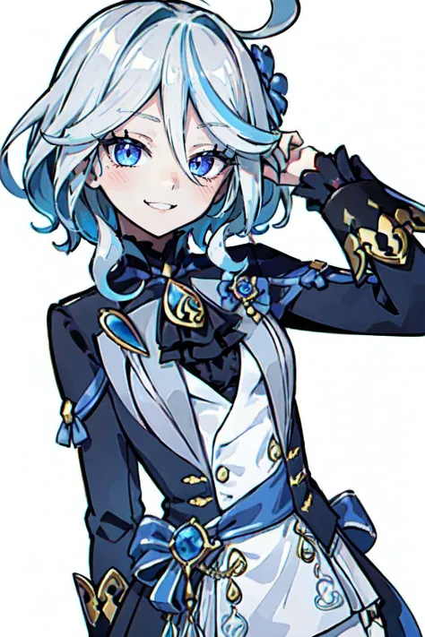 1girl, solo, best quality, masterpiece, perfect anime illustration, ultra highres<lora:funingna-v100:1:1:lbw=Character> fln, <lora:animeoutlineV4_16:0.6:0.6:lbw=Style>, (white outline), small breast, looking at viewer, smile, blush, white background, (intricate_detail)