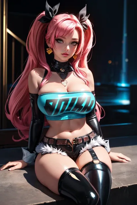 (Beautiful female worker) in a factory, (((With safety helmet))) (pink hair), yellow clothes, (High quality image). Huge boobs, sexy, Long pony tail hair, voluptuos